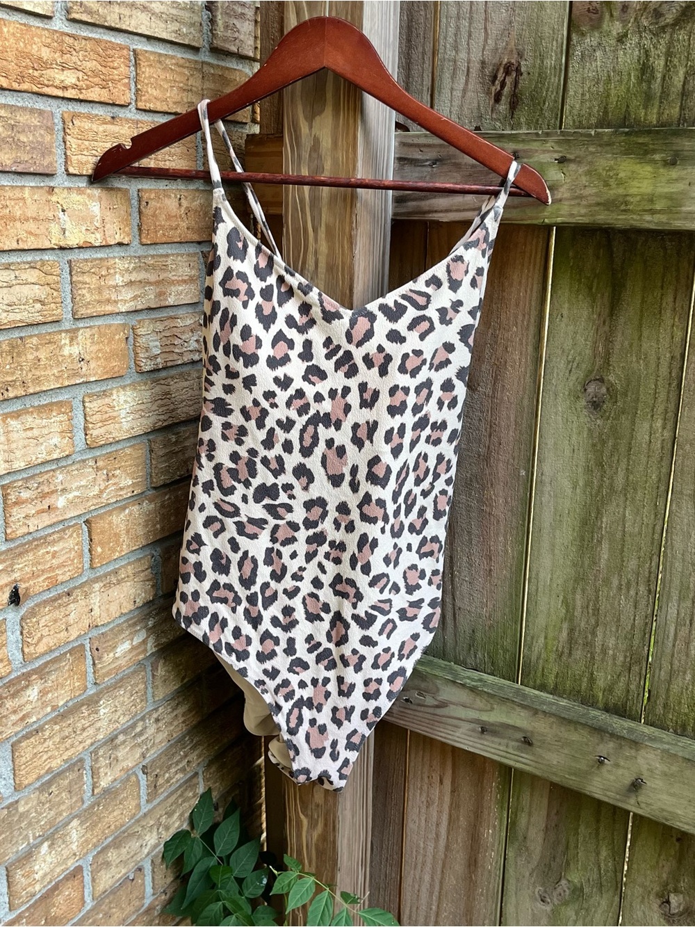 Aerie Leopard Print One-Piece Swimsuit in Cream, Black, and Brown Strappy Back